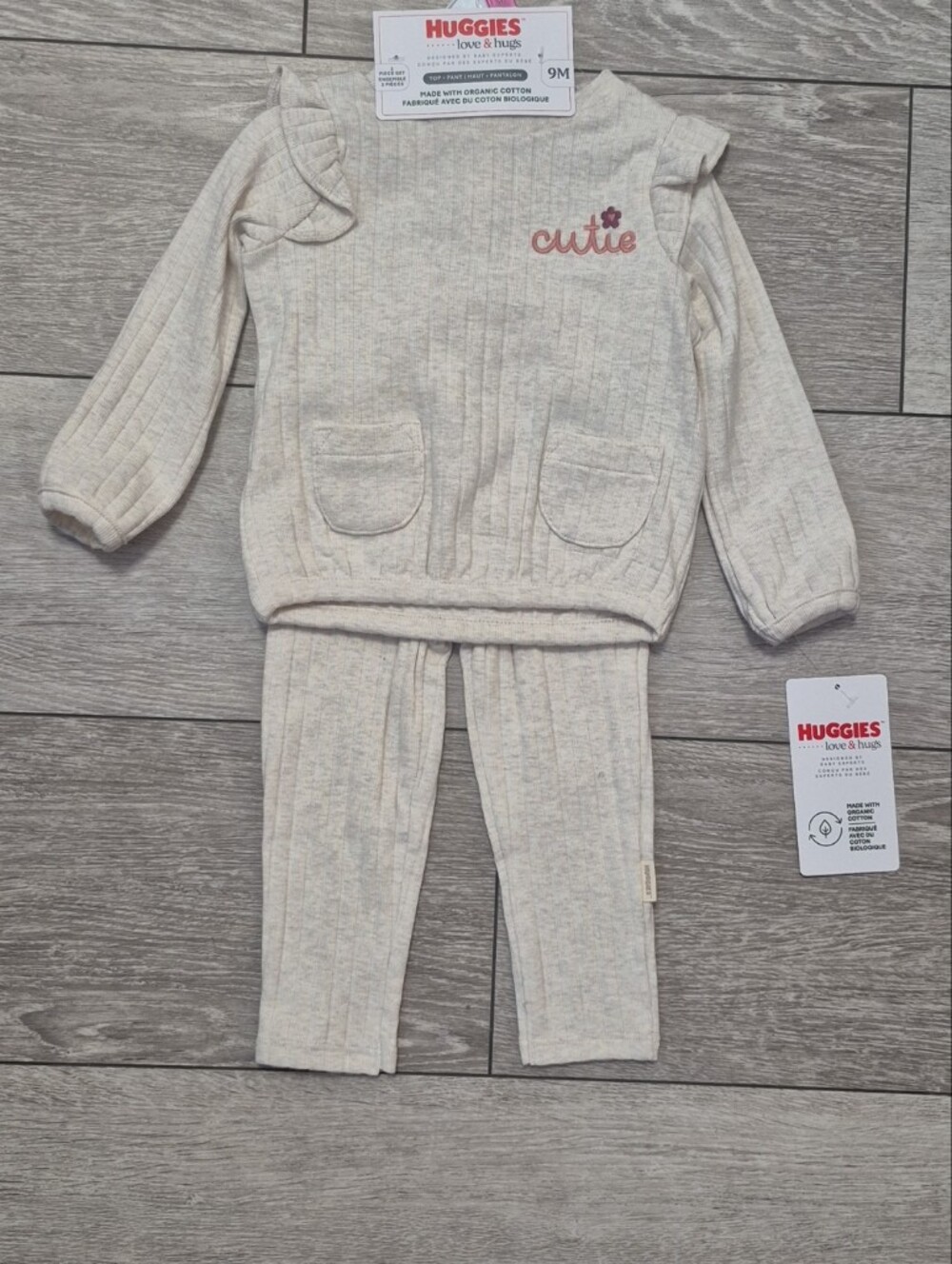 Huggies Brand Love & Hugs Cream Ribbed Baby Two-Piece Set With Ruffles- "cutie"